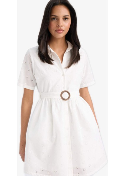 Gömlek Yaka Kemerli Brode Kısa Kollu Mini Elbise F1156AX25SP