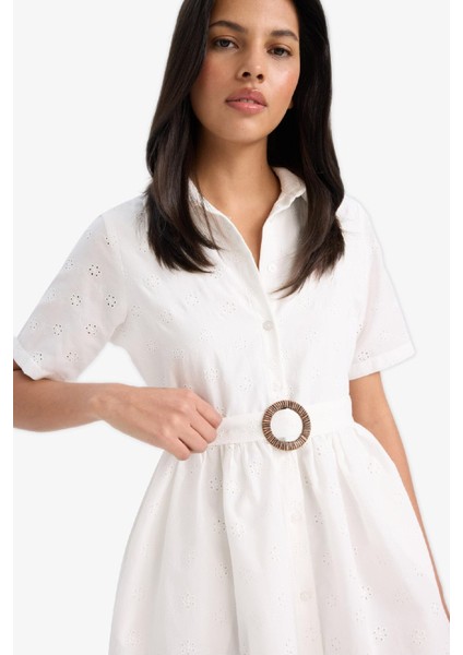 Gömlek Yaka Kemerli Brode Kısa Kollu Mini Elbise F1156AX25SP