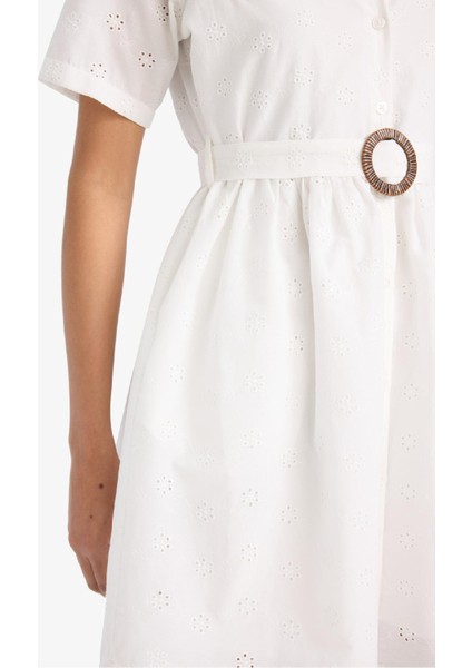 Gömlek Yaka Kemerli Brode Kısa Kollu Mini Elbise F1156AX25SP