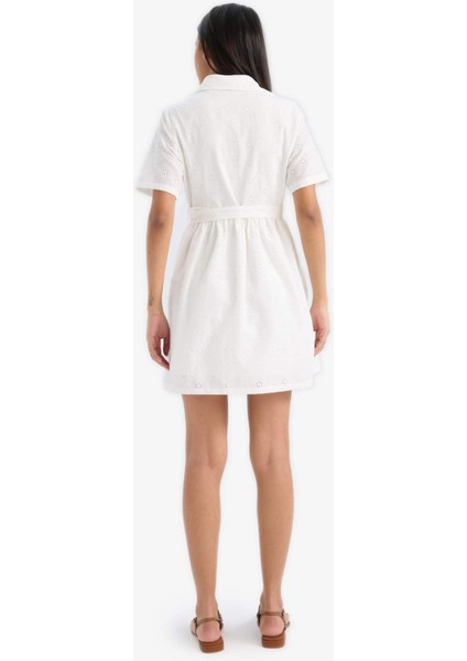 Gömlek Yaka Kemerli Brode Kısa Kollu Mini Elbise F1156AX25SP