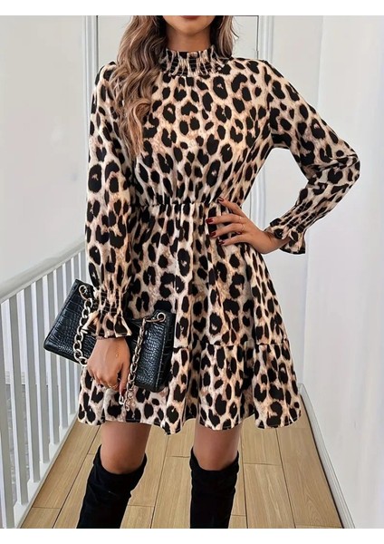 Eyesof Kadın Uzun Kollu Yarı Balıkçı Yaka Leopar Desenli Modal Mini Elbise modelleri