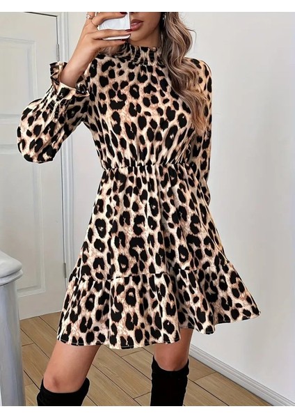 Eyesof Kadın Uzun Kollu Yarı Balıkçı Yaka Leopar Desenli Modal Mini Elbise fırsatları