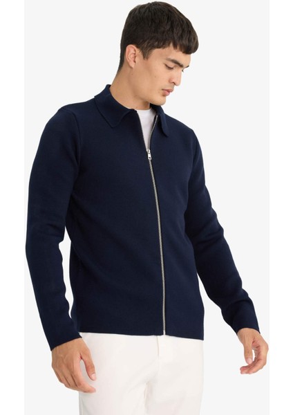 Standart Fit Polo Yaka Basic Düz Fermuarlı Triko Hırka D3592AX25WN