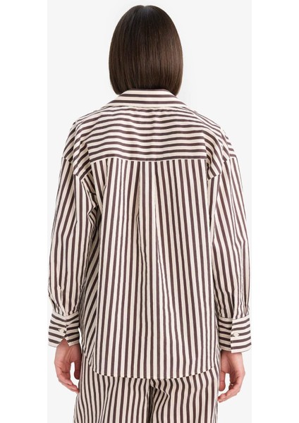 Afra x DeFacto Loose Fit Çizgili Poplin Uzun Kollu Gömlek F0403AX25SM
