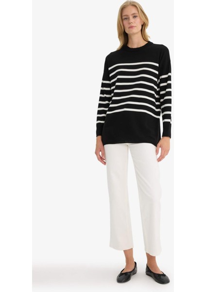 Relax Fit Çizgili Bisiklet Yaka Triko Kazak Tunik S7517AZ25WN