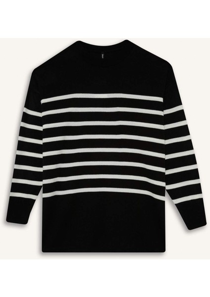 Relax Fit Çizgili Bisiklet Yaka Triko Kazak Tunik S7517AZ25WN