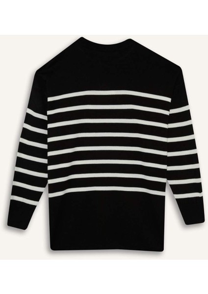 Relax Fit Çizgili Bisiklet Yaka Triko Kazak Tunik S7517AZ25WN