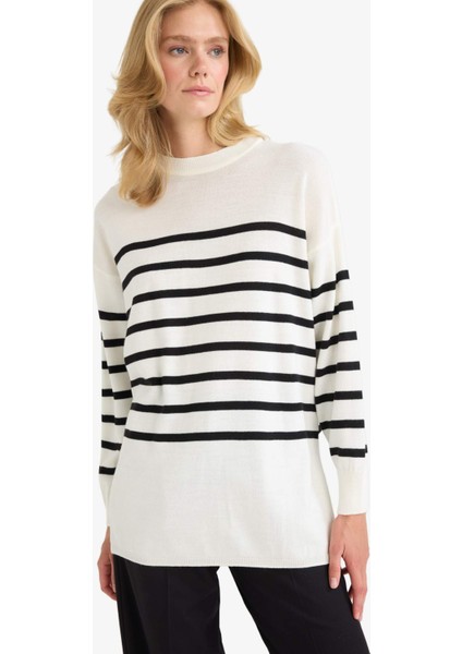 Relax Fit Çizgili Bisiklet Yaka Triko Kazak Tunik S7517AZ25WN