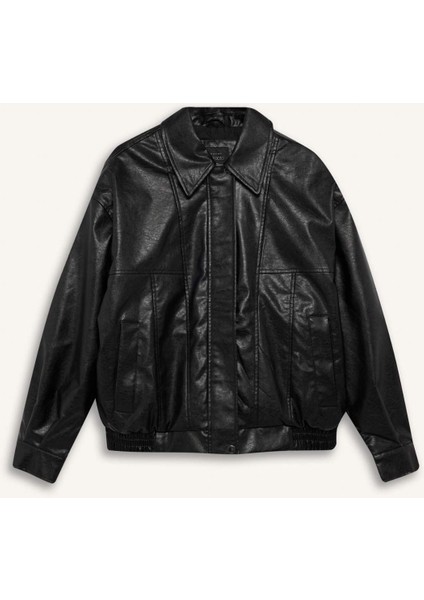 Afra x DeFacto Dad Fit Polo Yaka Suni Deri Mont F2911AX25WN