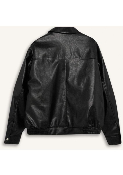Afra x DeFacto Dad Fit Polo Yaka Suni Deri Mont F2911AX25WN
