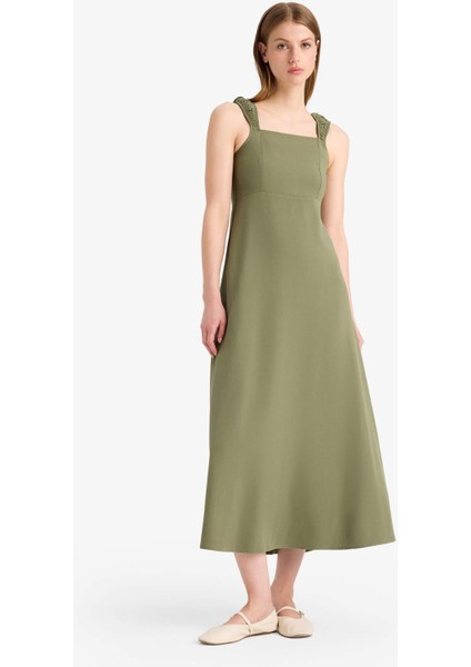 Kare Yaka Keten Karışımlı Kısa Kollu Midi Yazlık Elbise F3198AX25SM