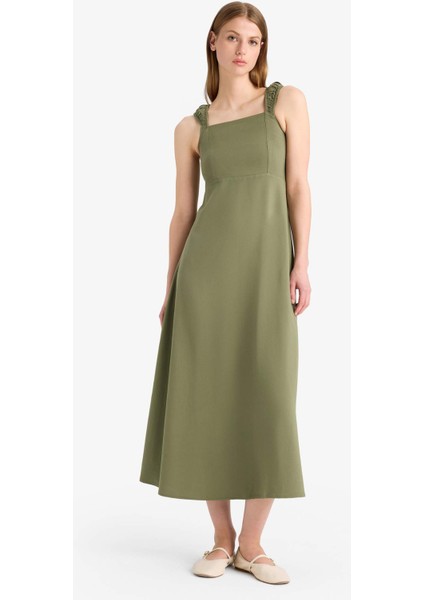 Kare Yaka Keten Karışımlı Kısa Kollu Midi Yazlık Elbise F3198AX25SM