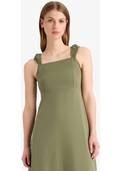 Kare Yaka Keten Karışımlı Kısa Kollu Midi Yazlık Elbise F3198AX25SM