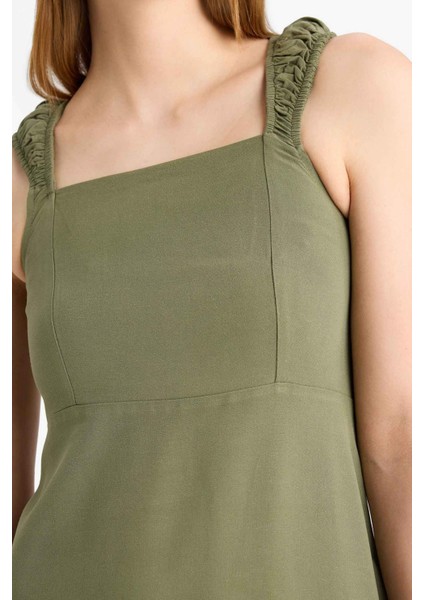 Kare Yaka Keten Karışımlı Kısa Kollu Midi Yazlık Elbise F3198AX25SM