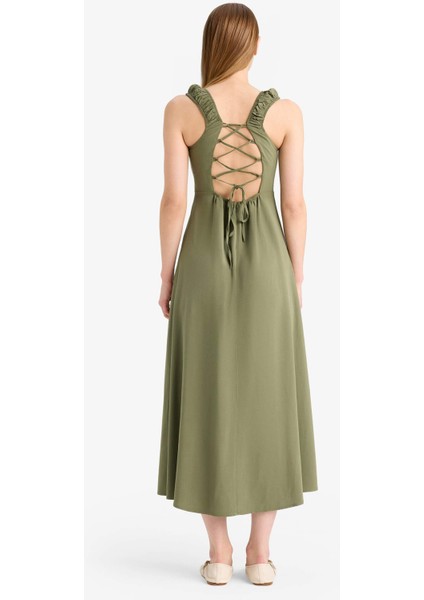 Kare Yaka Keten Karışımlı Kısa Kollu Midi Yazlık Elbise F3198AX25SM