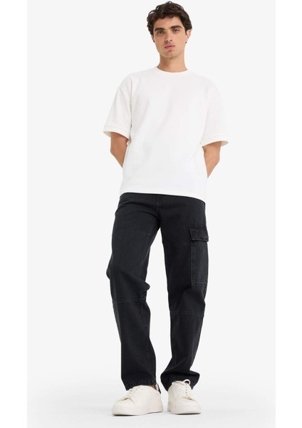 %100 Pamuk Relax Fit Geniş Paça Kargo Cepli Jean Pantolon F2986AX25AU