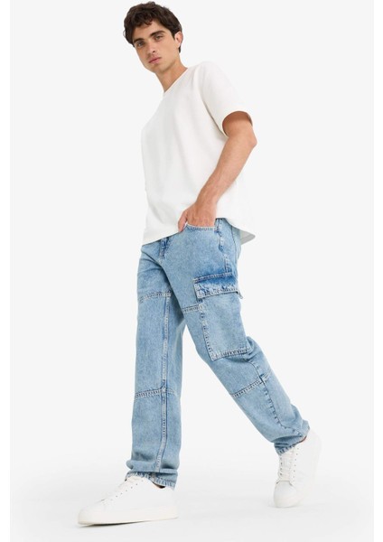 %100 Pamuk Relax Fit Kargo Cepli Geniş Paça Jean Pantolon F2987AX25AU