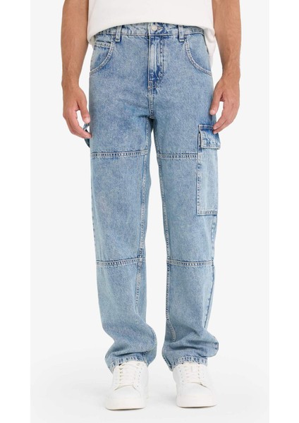 %100 Pamuk Relax Fit Kargo Cepli Geniş Paça Jean Pantolon F2987AX25AU