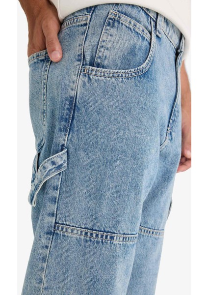 %100 Pamuk Relax Fit Kargo Cepli Geniş Paça Jean Pantolon F2987AX25AU