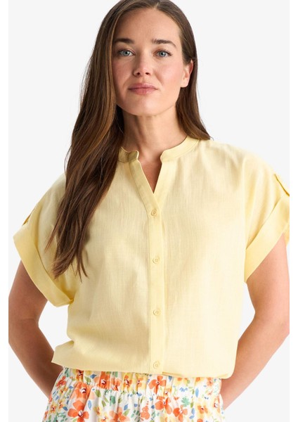 Regular Fit Apaş Yaka Flamlı Pamuk Kısa Kollu Gömlek E9435AX25SM