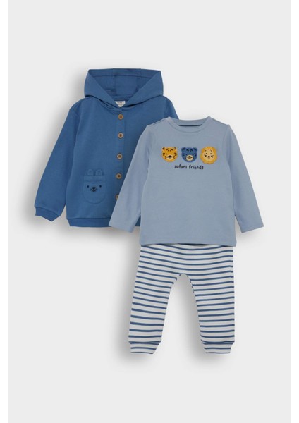 Erkek Bebek 3'lü Takım Kapüşonlu Düğmeli Hırka Baskılı Uzun Kollu Tişört Çizgili Alt F2210A525AU