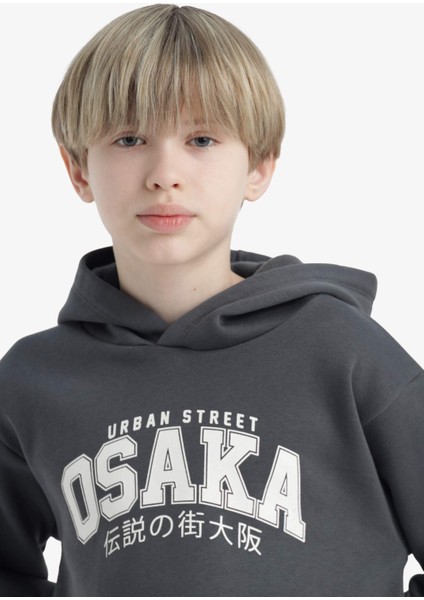 Erkek Çocuk Kapüşonlu İçi Yumuşak Tüylü Baskılı Sweatshirt