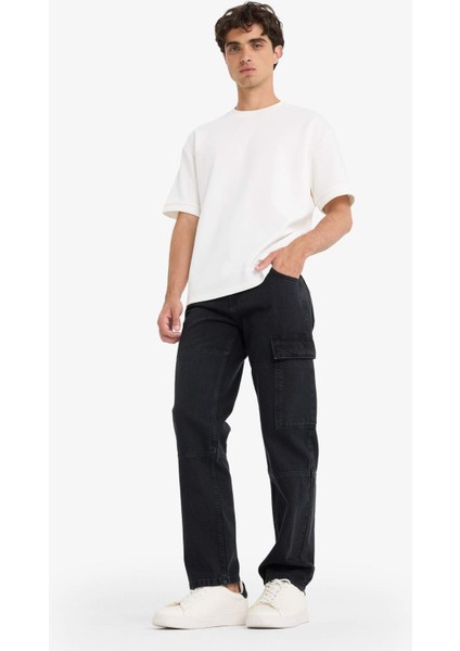%100 Pamuk Relax Fit Geniş Paça Kargo Cepli Jean Pantolon