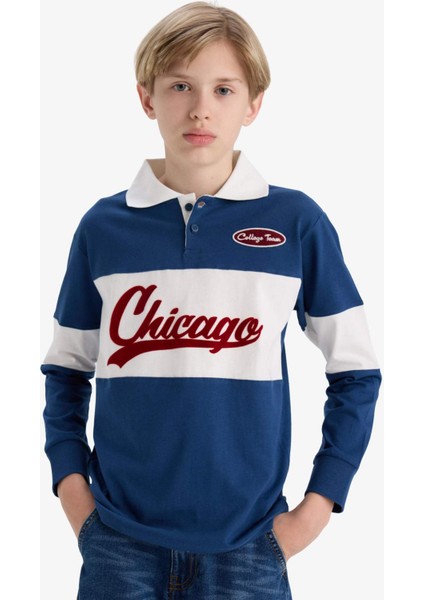 Erkek Çocuk Oversize Geniş Kalıp Polo Yaka Nakışlı Uzun Kollu Okul Tişörtü F2711A825AU