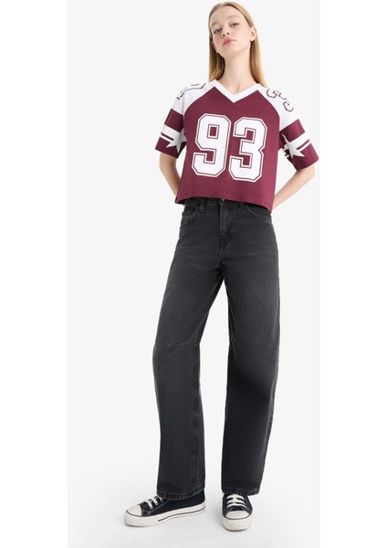 Loose Fit Bisiklet Yaka Sırt Baskılı Kısa Kollu Tişört F2905AX25SM