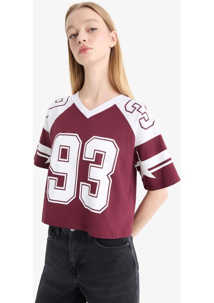 Loose Fit Bisiklet Yaka Sırt Baskılı Kısa Kollu Tişört F2905AX25SM