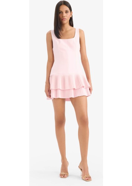 Kare Yaka Pileli Askılı Mini Yazlık Elbise F3323AX25SM