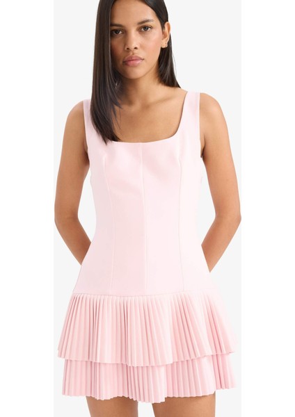 Kare Yaka Pileli Askılı Mini Yazlık Elbise F3323AX25SM