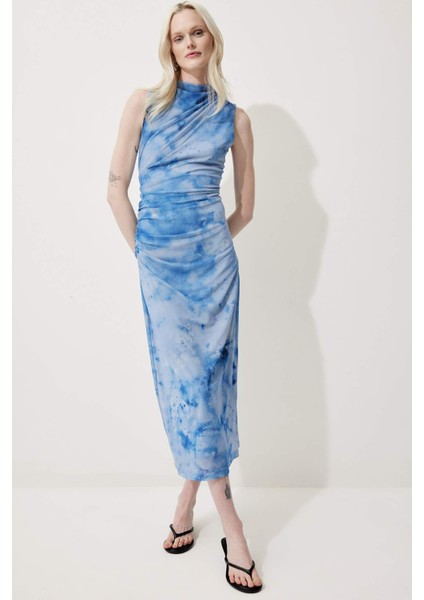 Yarım Balıkçı Yaka Desenli Tül Kolsuz Maxi Yazlık Elbise F3322AX25SM