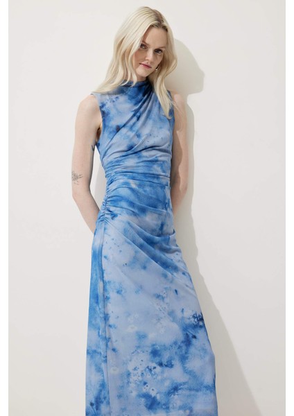 Yarım Balıkçı Yaka Desenli Tül Kolsuz Maxi Yazlık Elbise F3322AX25SM