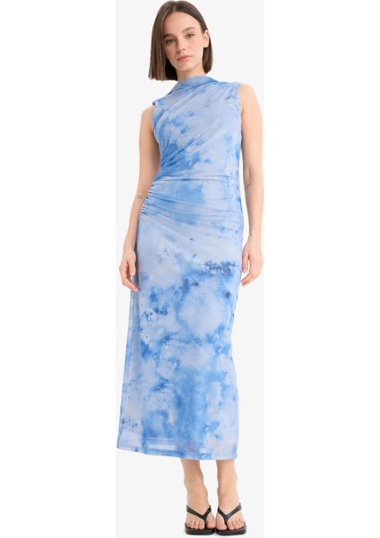 Yarım Balıkçı Yaka Desenli Tül Kolsuz Maxi Yazlık Elbise F3322AX25SM