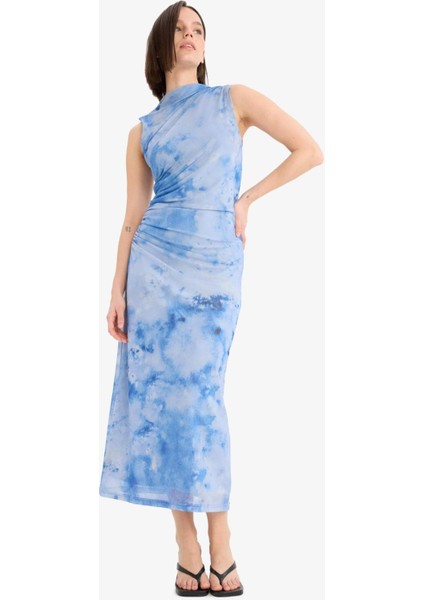 Yarım Balıkçı Yaka Desenli Tül Kolsuz Maxi Yazlık Elbise F3322AX25SM