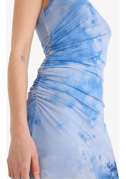 Yarım Balıkçı Yaka Desenli Tül Kolsuz Maxi Yazlık Elbise F3322AX25SM