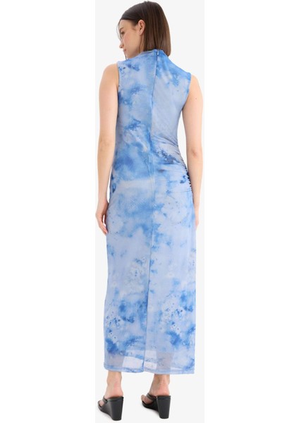 Yarım Balıkçı Yaka Desenli Tül Kolsuz Maxi Yazlık Elbise F3322AX25SM