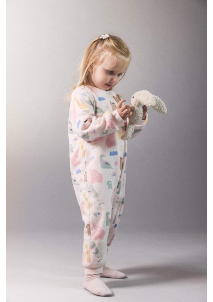Kız Bebek 1 Tog Elyaf Dinozor Baskılı Uzun Kollu Fermuarlı Tulum F2186A525AU