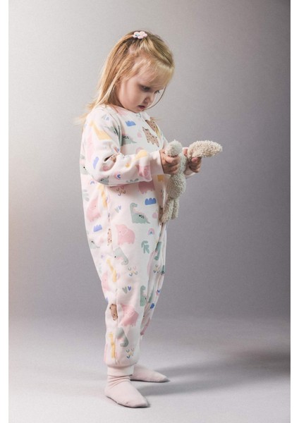 Kız Bebek 1 Tog Elyaf Dinozor Baskılı Uzun Kollu Fermuarlı Tulum F2186A525AU