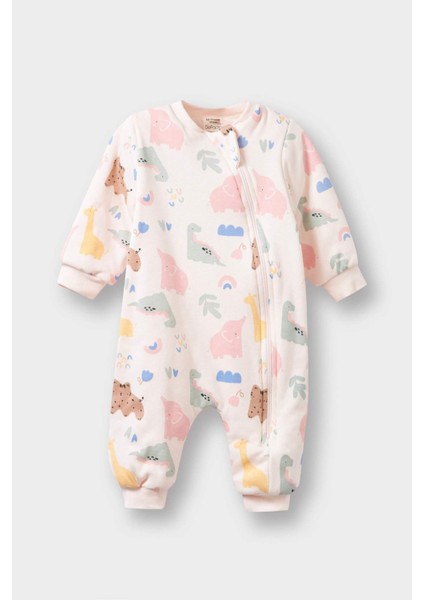Kız Bebek 1 Tog Elyaf Dinozor Baskılı Uzun Kollu Fermuarlı Tulum F2186A525AU