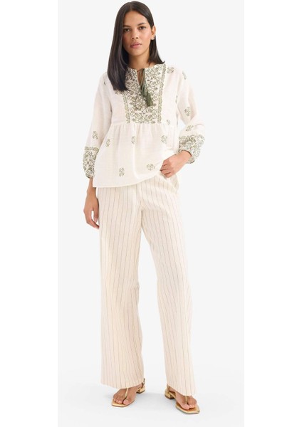 Regular Fit Çizgili Esnek Yüksek Belli Keten Karışımlı Palazzo Pantolon F3395AX25SM