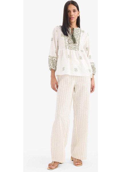 Regular Fit Çizgili Esnek Yüksek Belli Keten Karışımlı Palazzo Pantolon F3395AX25SM