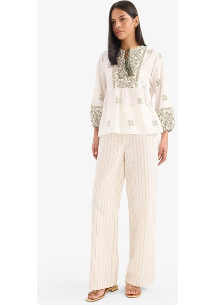 Regular Fit Çizgili Esnek Yüksek Belli Keten Karışımlı Palazzo Pantolon F3395AX25SM