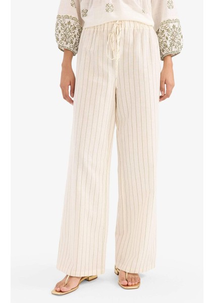 Regular Fit Çizgili Esnek Yüksek Belli Keten Karışımlı Palazzo Pantolon F3395AX25SM
