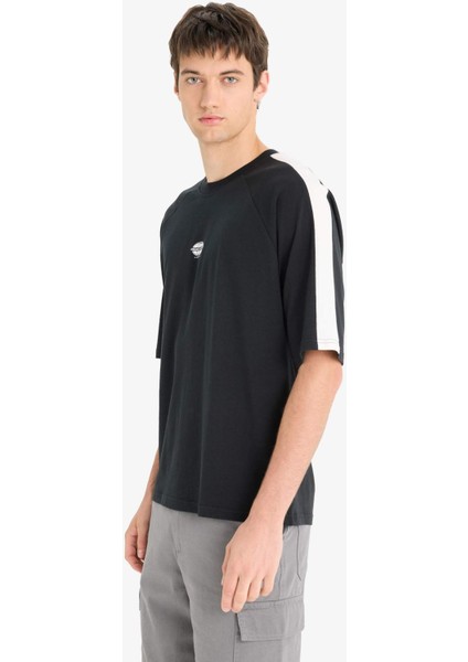 %100 Pamuk Loose Fit Bisiklet Yaka Baskılı Kısa Kollu Tişört F0187AX25SM