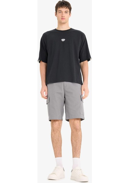 %100 Pamuk Loose Fit Bisiklet Yaka Baskılı Kısa Kollu Tişört F0187AX25SM