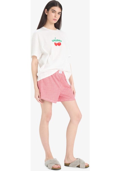 Regular Fit Pijama Takımı Kısa Kollu Baskılı Üst Beli Lastikli Şort-Fall in Love F1958AX25SP