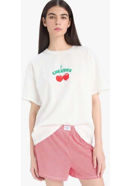 Regular Fit Pijama Takımı Kısa Kollu Baskılı Üst Beli Lastikli Şort-Fall in Love F1958AX25SP