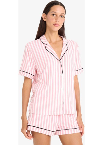 Regular Fit Pijama Takımı Çizgili Kısa Kollu Üst Esnek Şort-Fall in Love B8720AX25SM